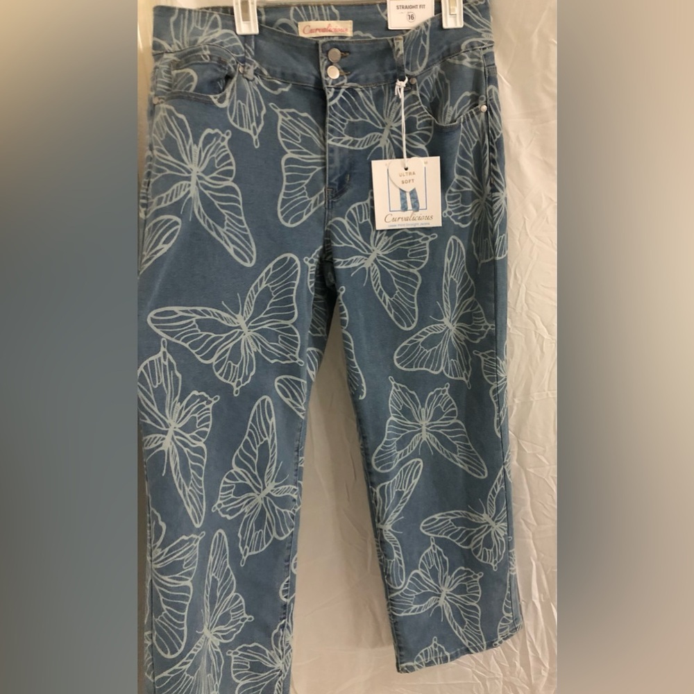 White Butterflies laser print ultra soft stretch straight fit blue jeans size 16 - Picture 7 of 10
